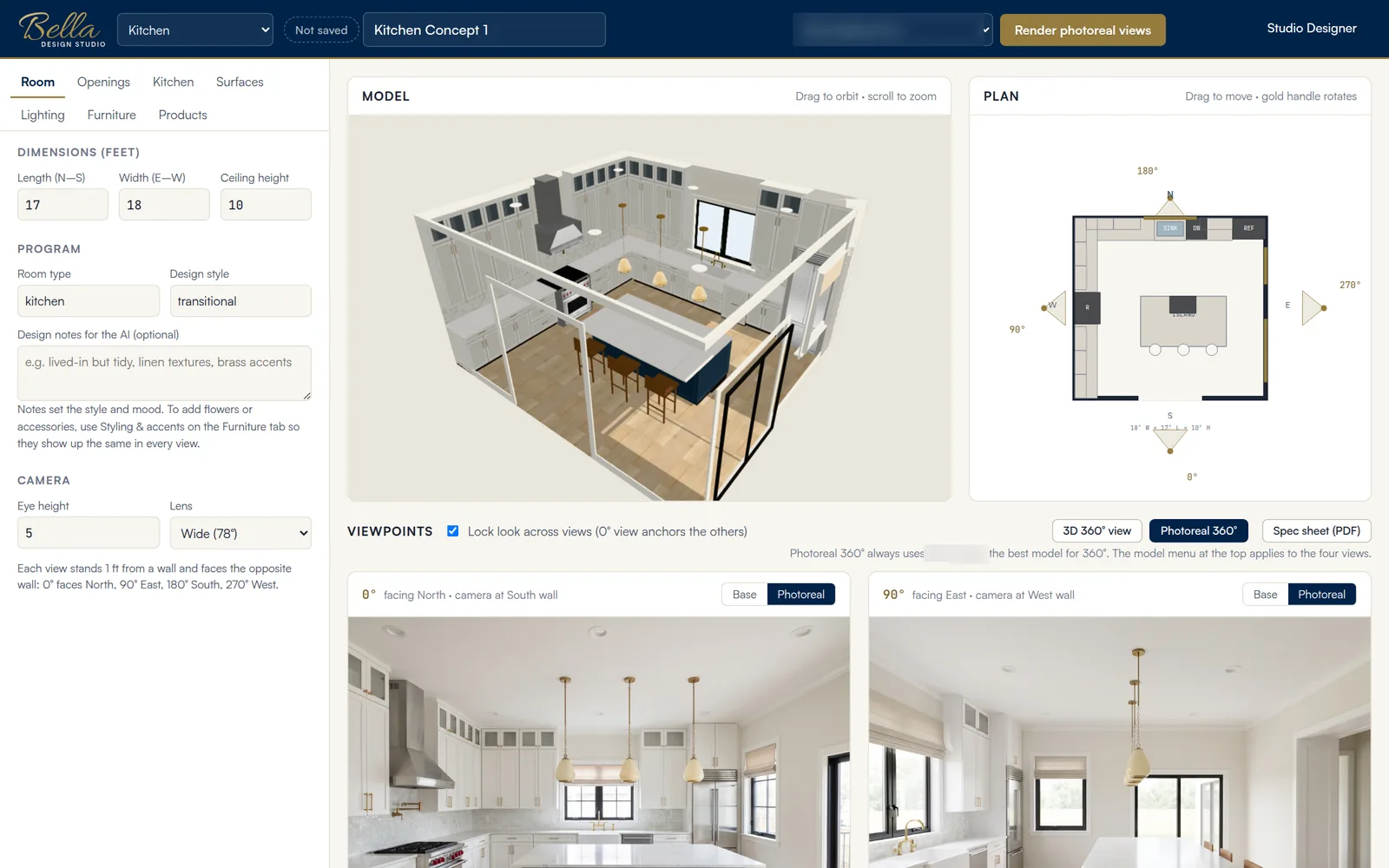 BellaDesign studio: room settings, 3D model, plan and photoreal viewpoints
