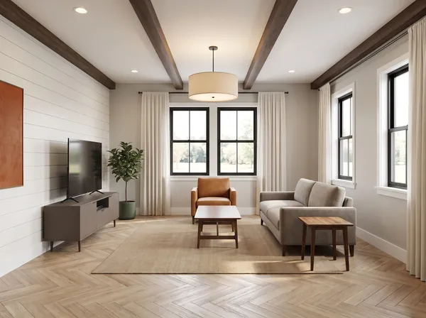 Living room with herringbone white oak floor, shiplap wall and drum pendant