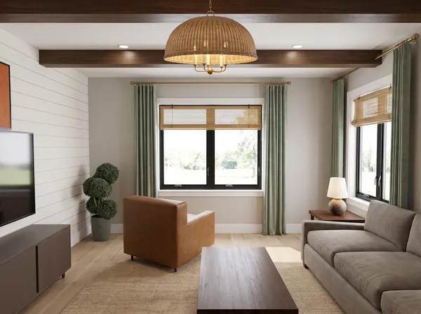 Living room with woven pendant, green drapery and bamboo shades