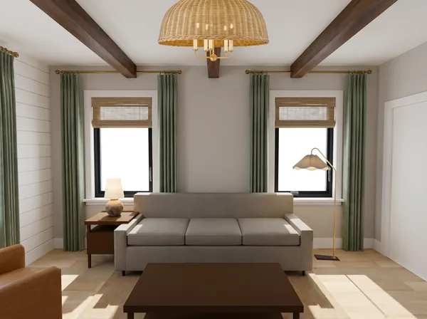 Living room with rattan pendant, sage drapery and white oak floor