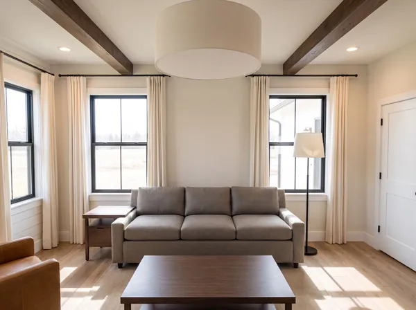 Living room with linen drum pendant, white drapery and tall black windows