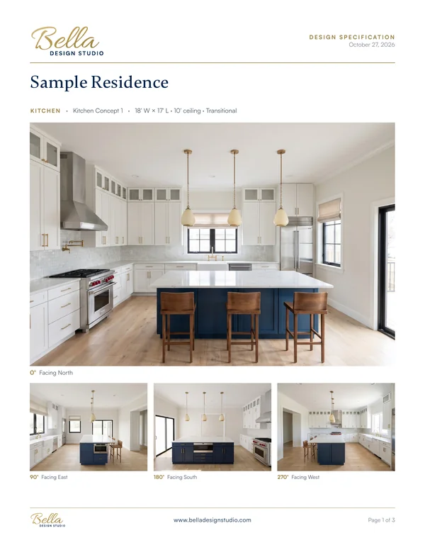 Spec sheet cover page with the main kitchen view and three smaller views