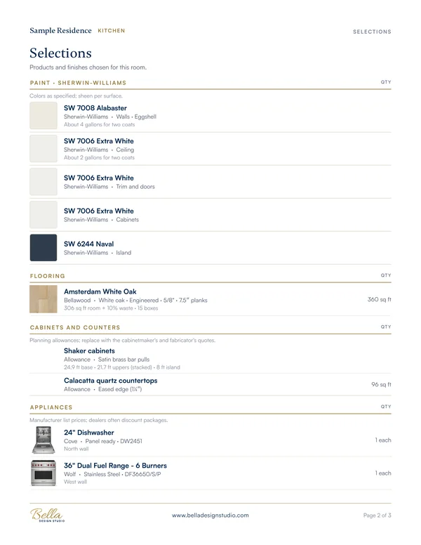 Spec sheet selections page listing Sherwin-Williams paint, flooring, cabinets and appliances