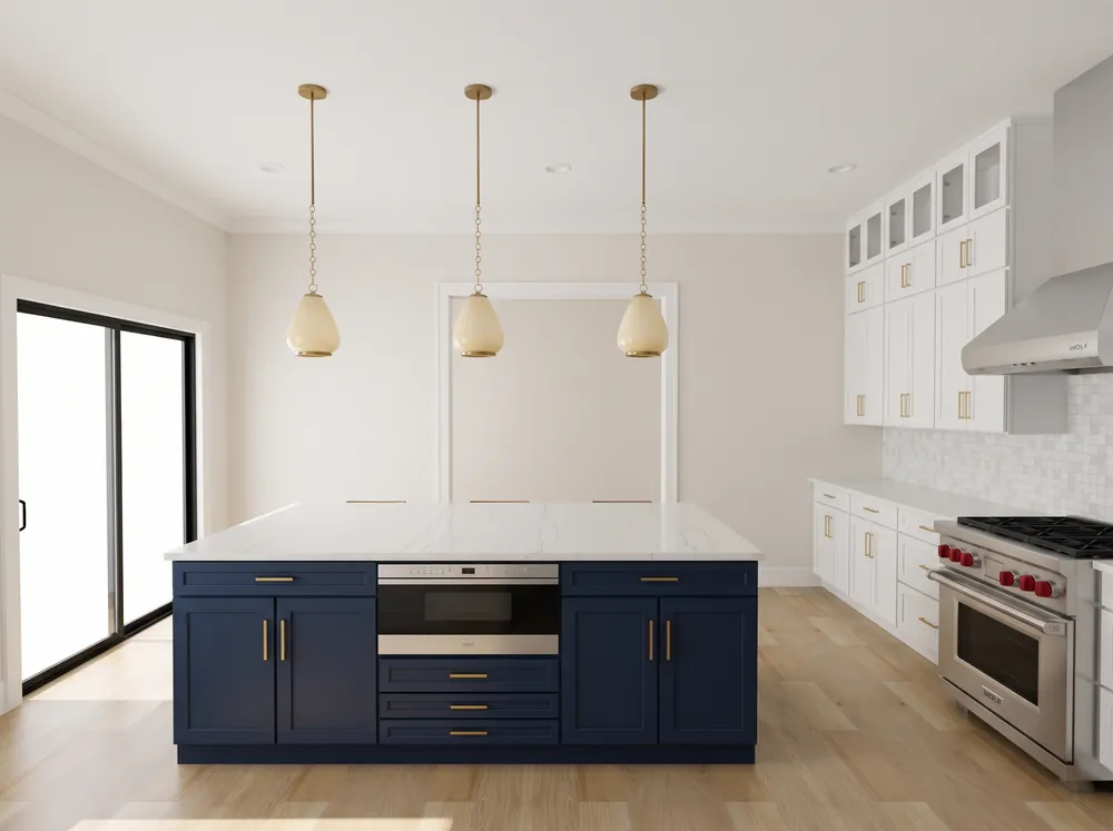 Kitchen 180 degree view facing south: island front, pendants and the range run