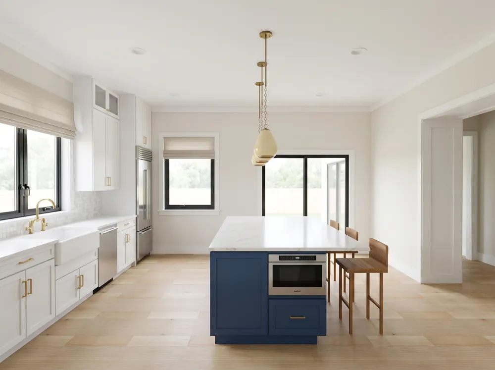 Kitchen 90 degree view facing east: island with microwave drawer and patio doors